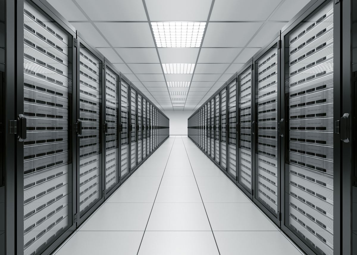 Rows of server cabinets in a data centre