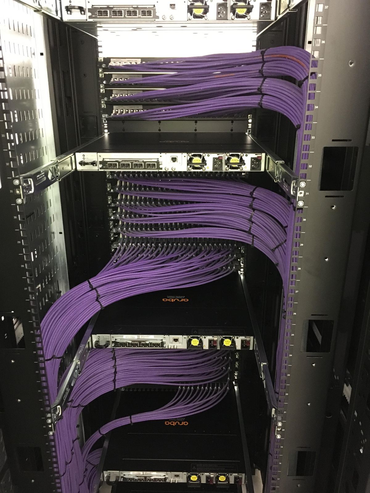 Network cabinet with dressed purple patch leads, installed by Elite Services